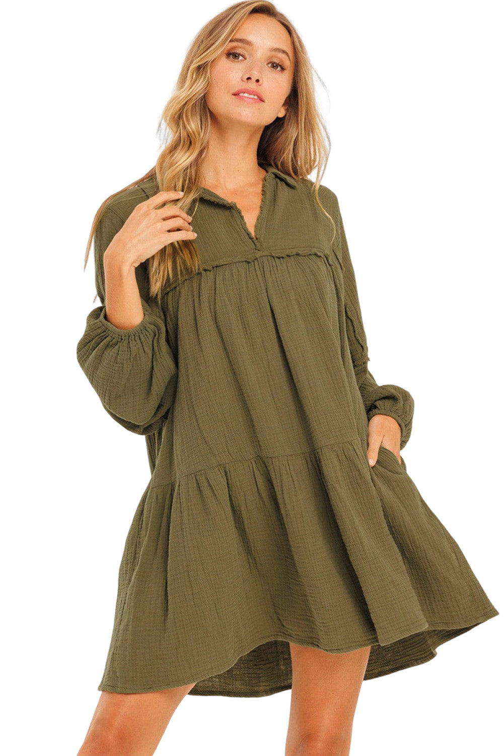 Green Frayed Trim Puff Sleeve Flared Dress