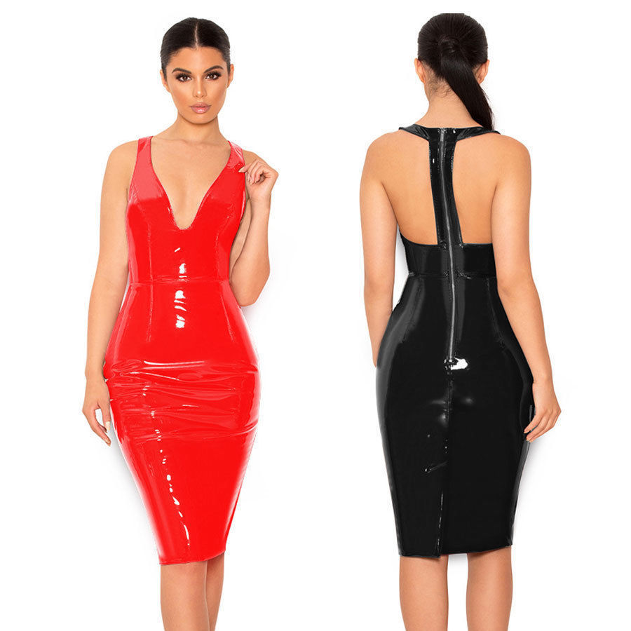 Shiny PU Leather Sleeveless V-neck Pencil Dress