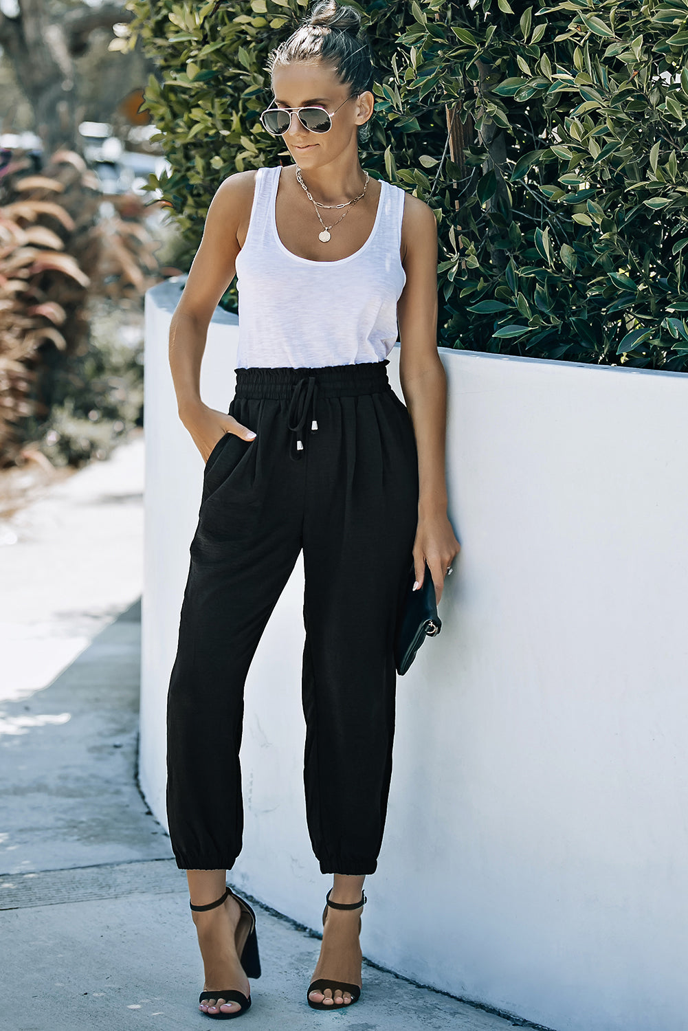 Black Solid  Smocked Waist Joggers