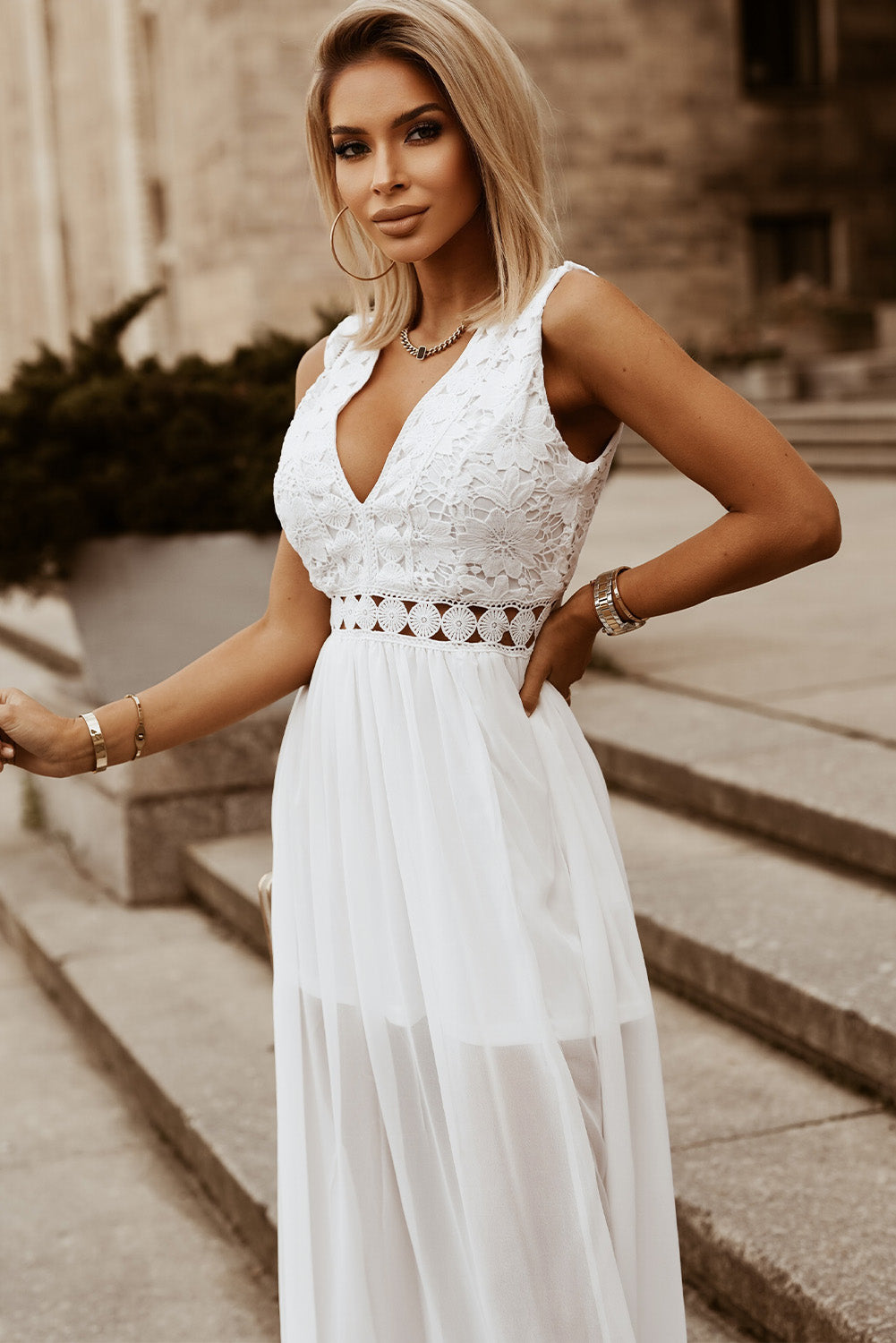 Sexy White V-Neck Maxi Dress