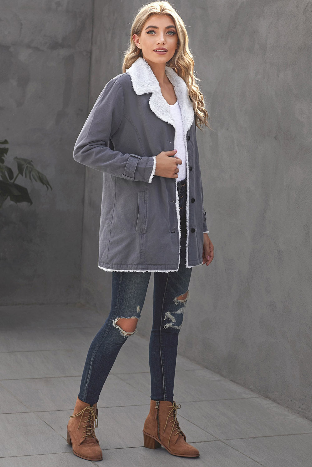 Gray Lapel Collar Fleece Jacket(Plus Size Available)