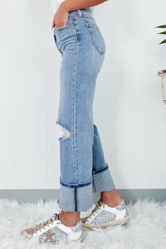 Dusk Blue High Rise Asymmetric Button Ripped Jeans