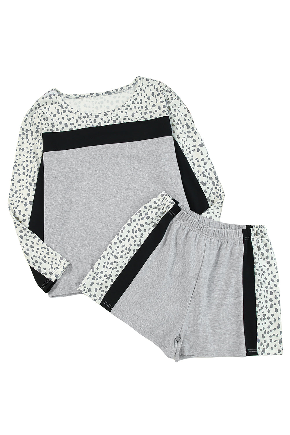 Gray Leopard Colorblock Patchwork Shorts Set