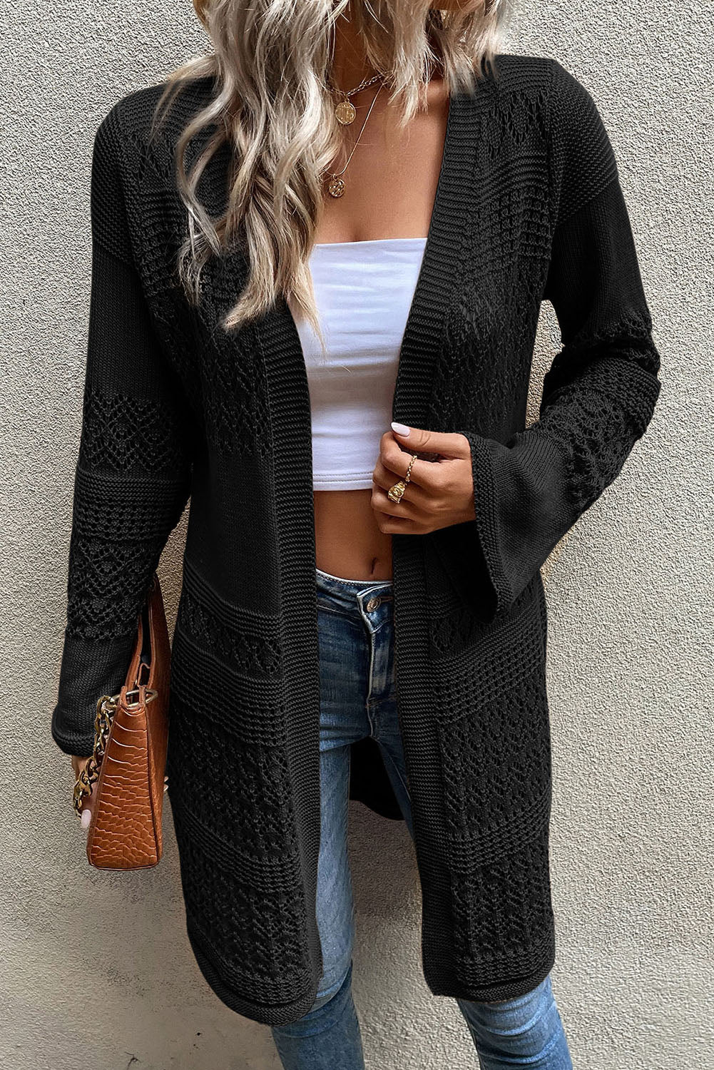 Pointelle Knit Open Front Cardigan