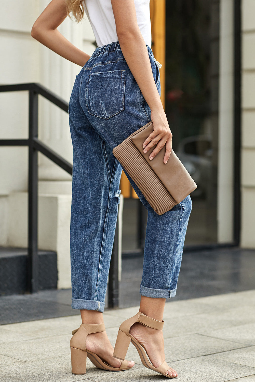 Sky Blue Distressed Pocketed Denim Jogger