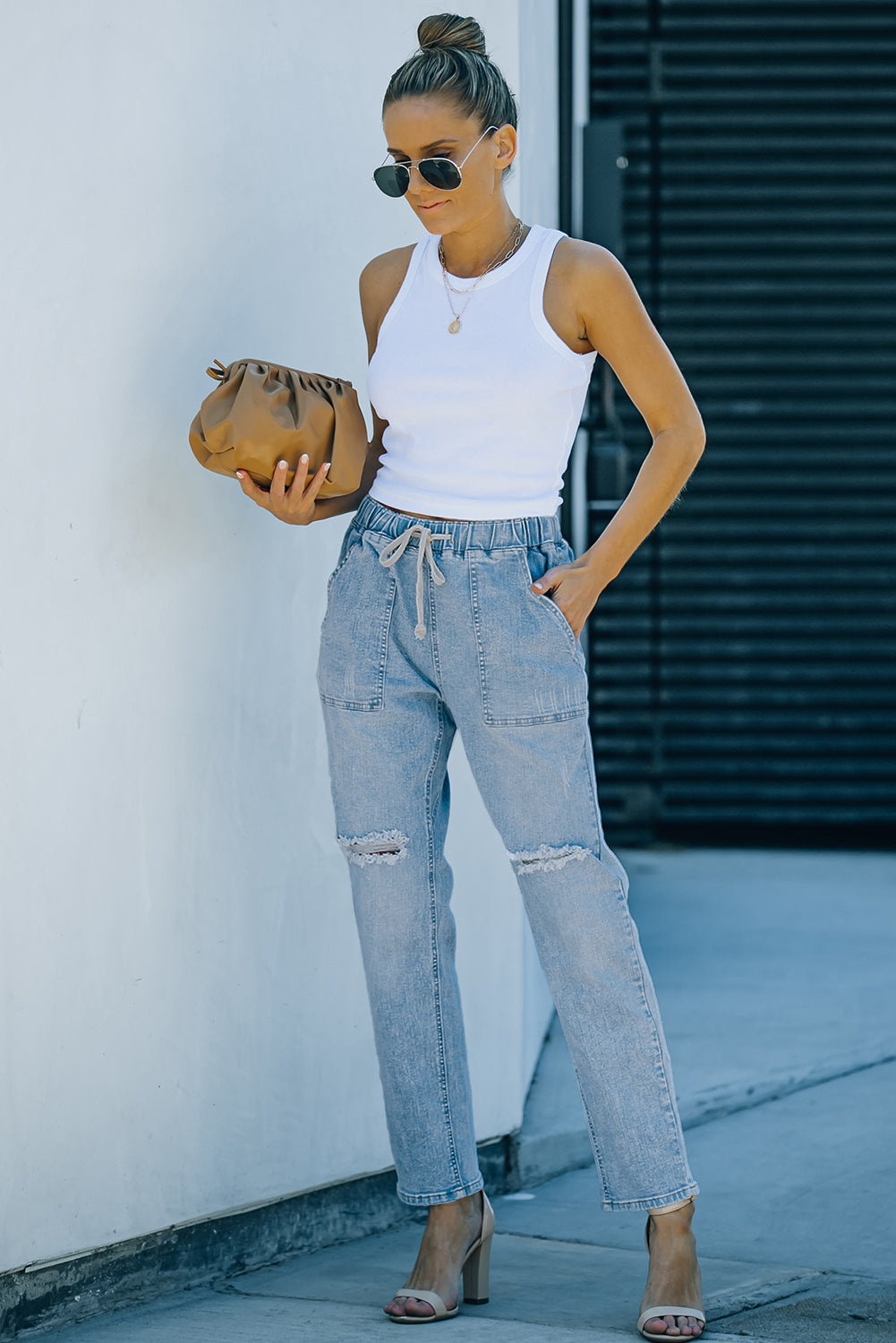 Sky Blue Distressed Pocketed Denim Jogger