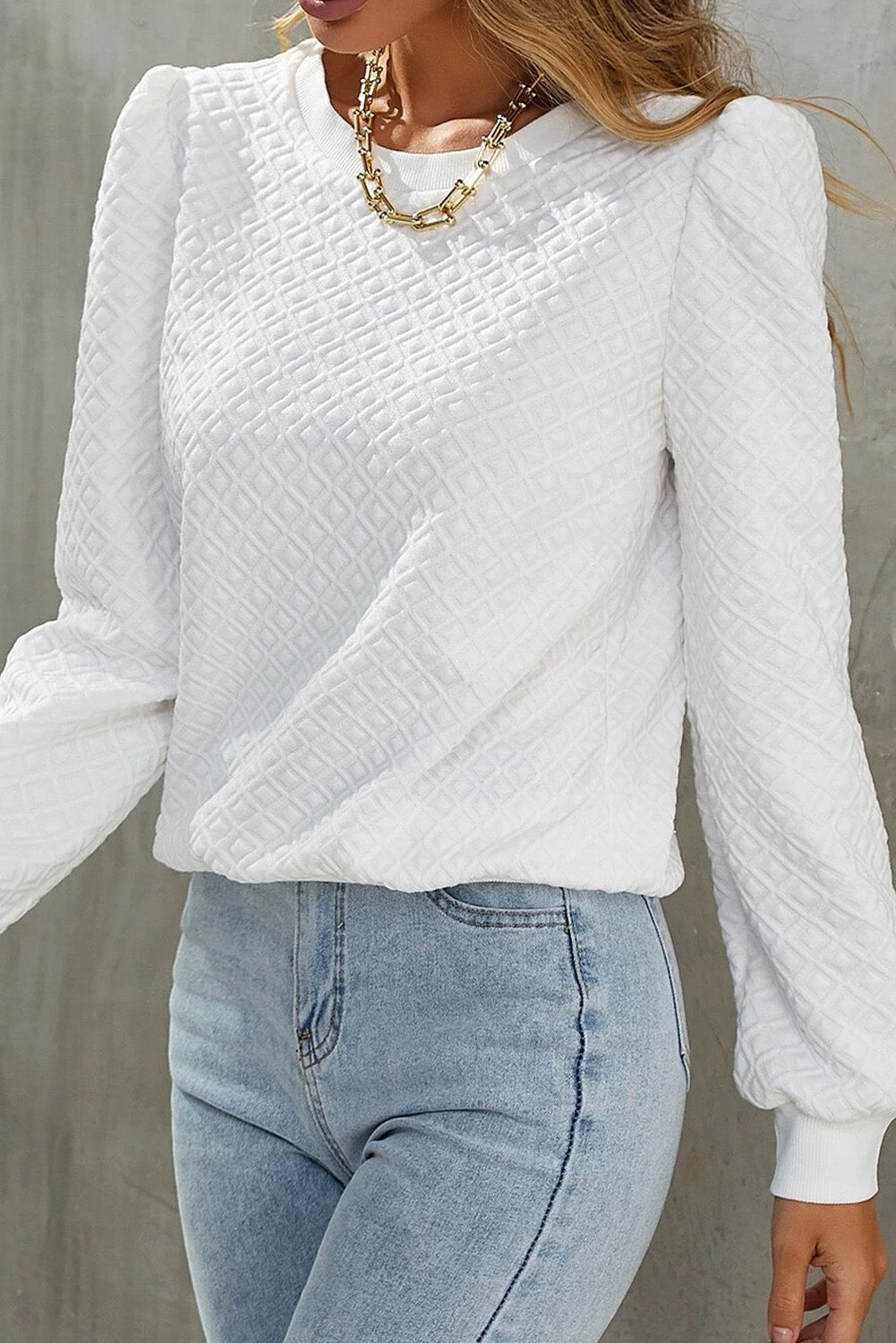 White Puff Textured Long Sleeve Round Neck Top