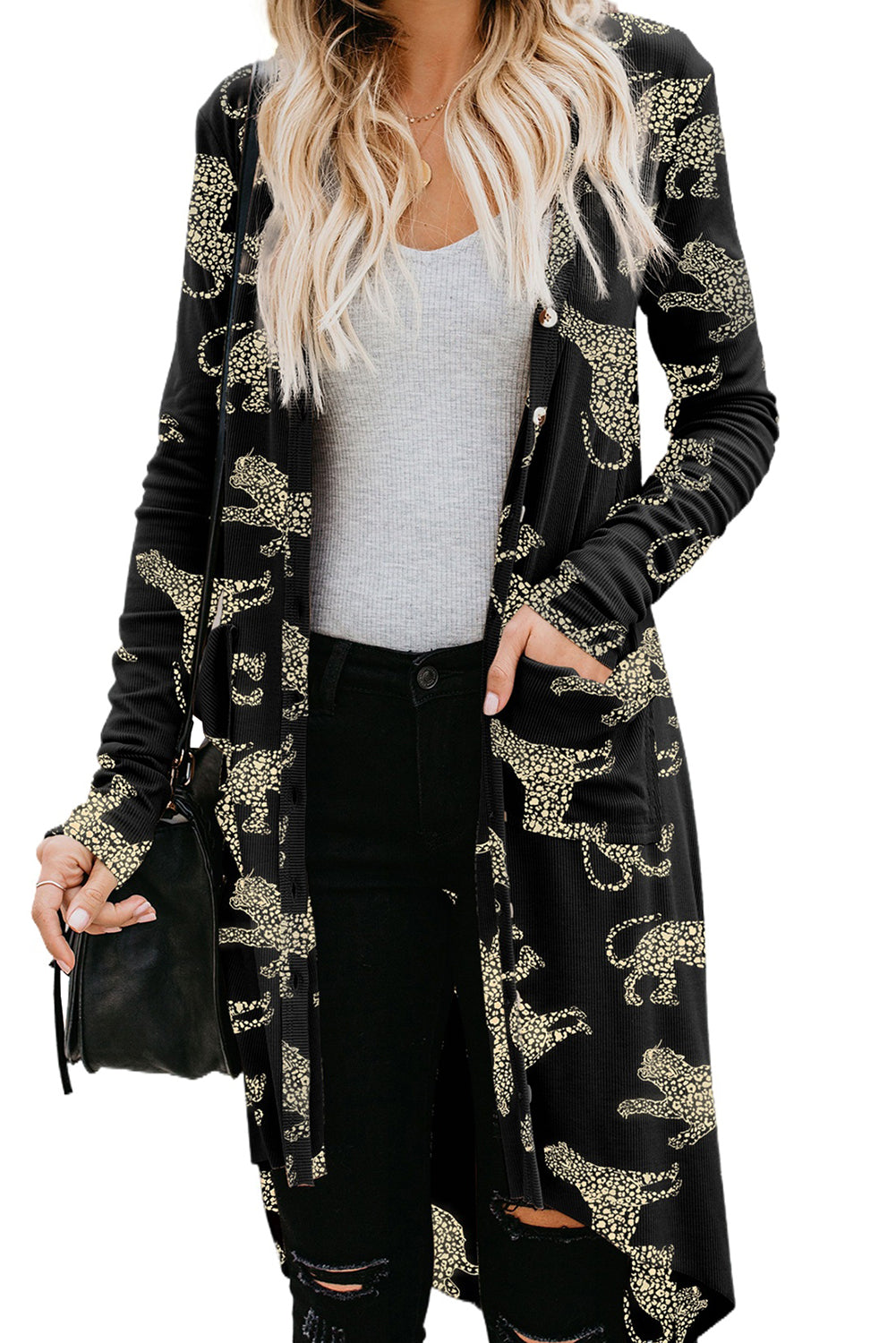 Black Animal Print Ribbed Knit Cardigan