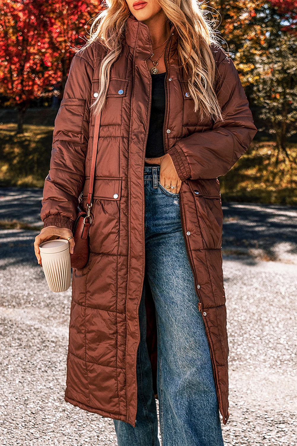 Coffee Quilted Zip Up Mid-length Coat