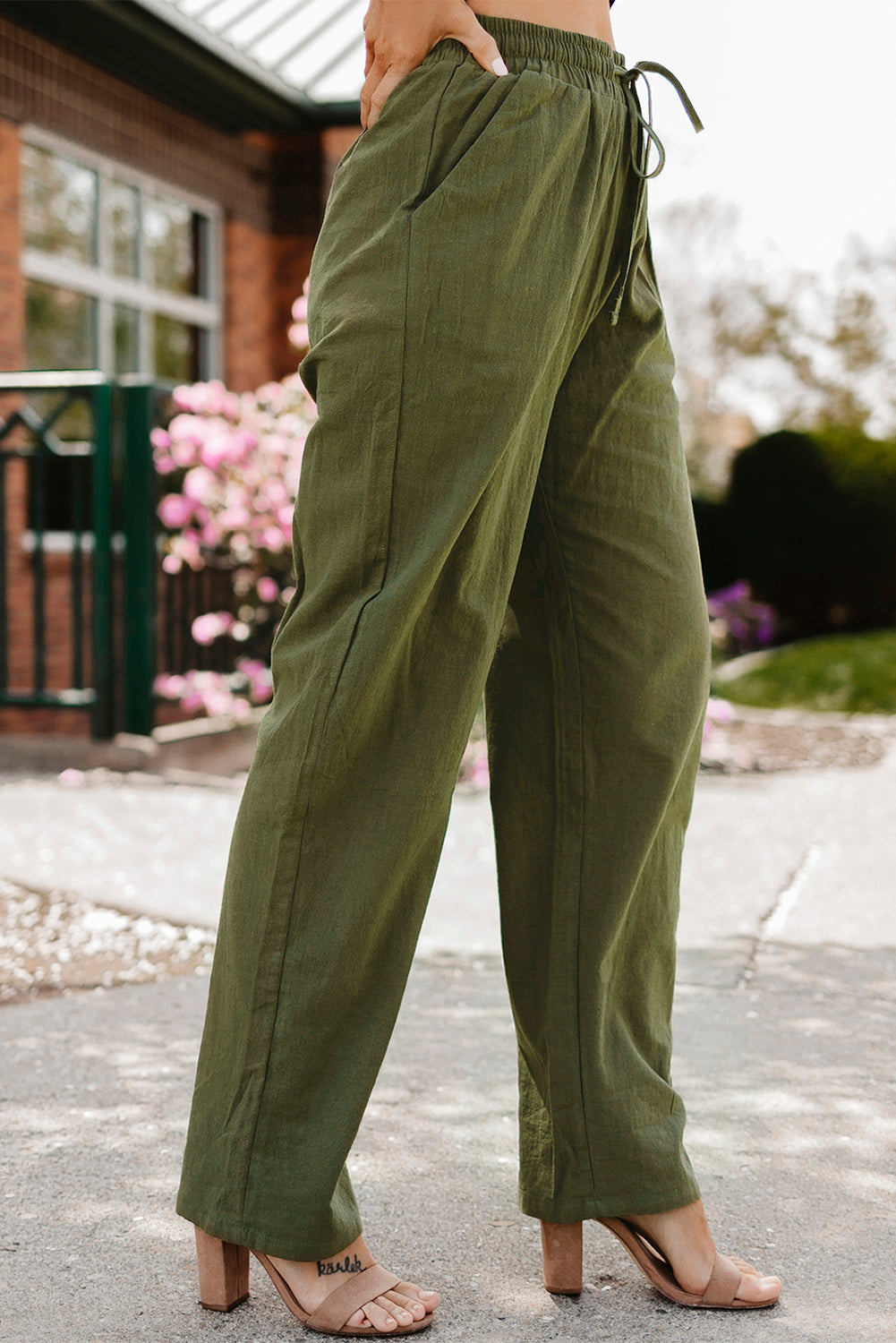 Green Drawstring Elastic Waist Straight Legs Pants