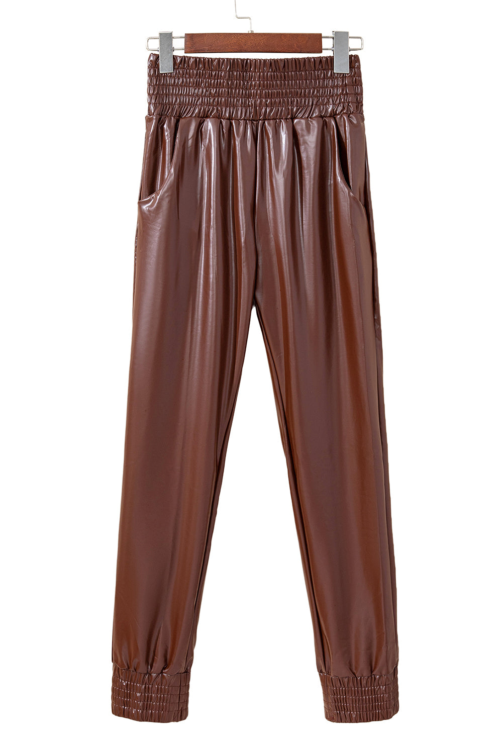 Brown Smocked High Waist Leather PU Skinny Pants