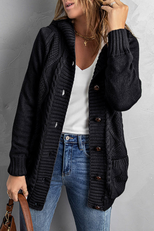 Black Buttoned Hooded Knitted Cardigan