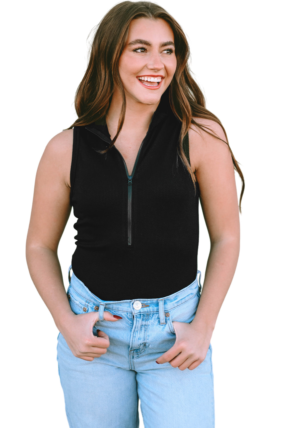 Black Zip Up Mock Neck Ribbed  Bodysuit