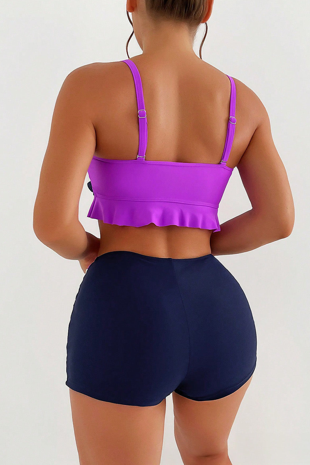 Dark Purple Colorblock Ruffleded Top Boy Shorts Bikini