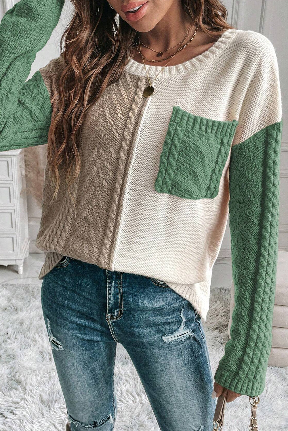 Green Colorblock Drop Shoulder Sweater