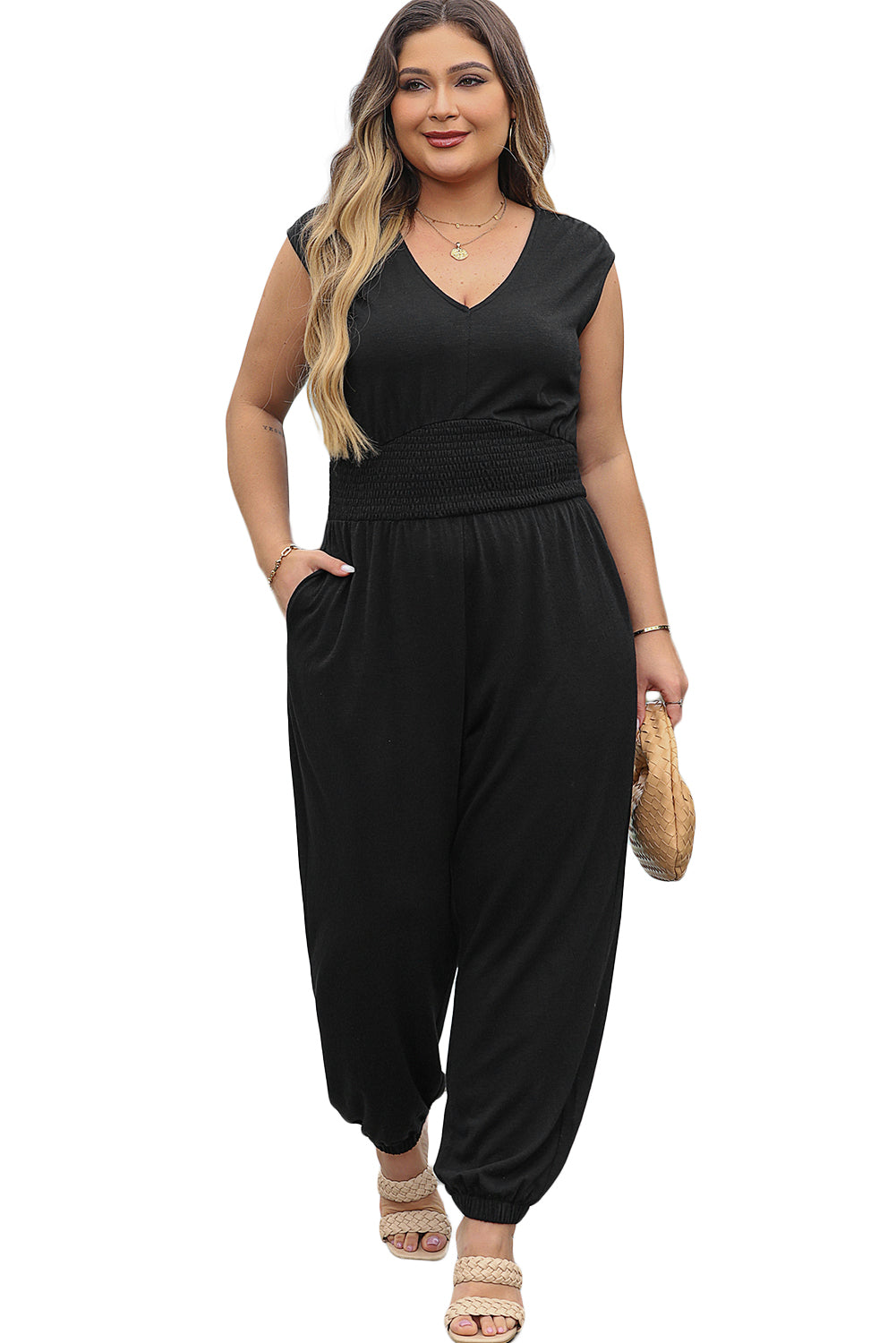 Black Plus Size Smocked V Neck Jumpsuit