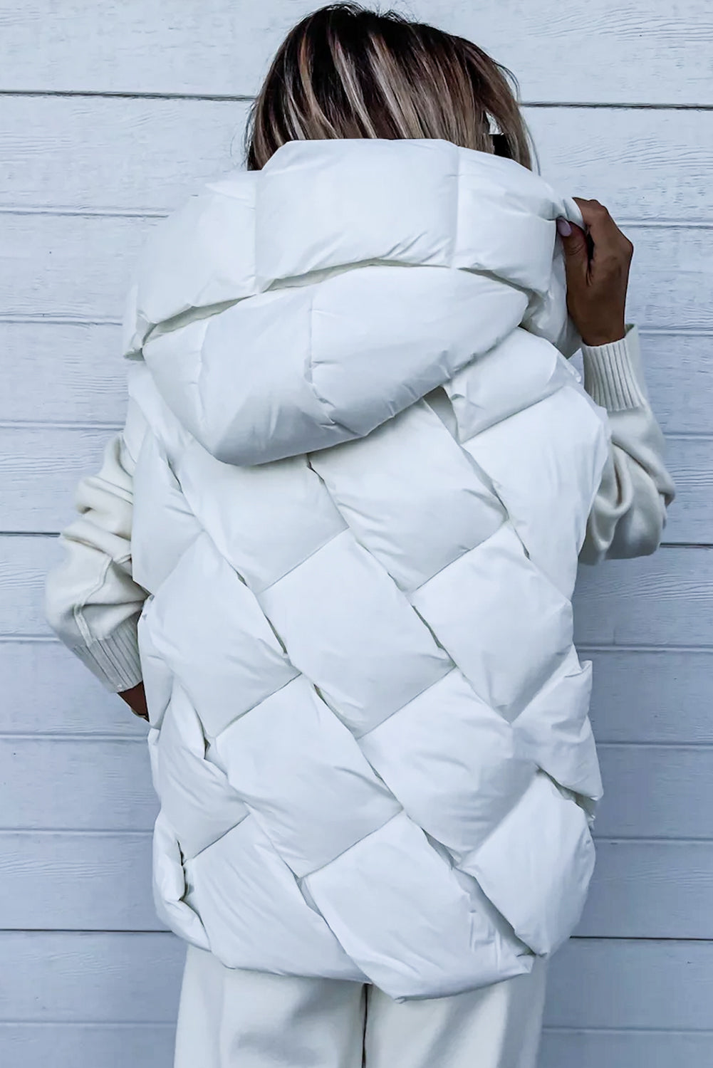 White Quilted Zipper Front Hooded Vest Coat