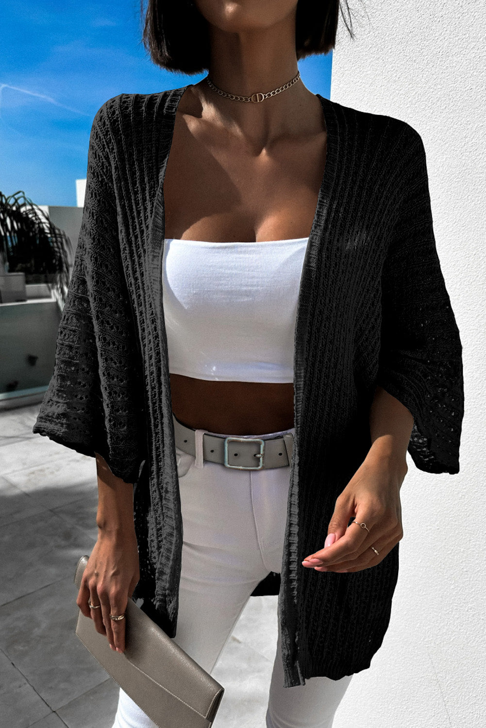 Casual Hollow-out Bracelet Sleeve Knit Cardigan