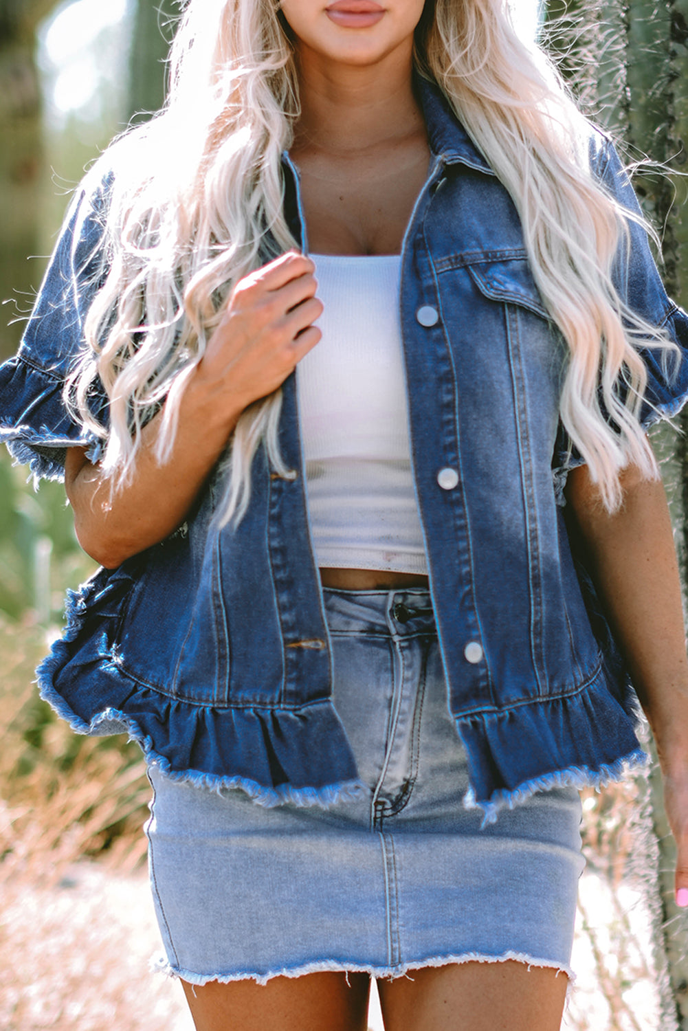 Black Raw Edge Ruffled Short Sleeve Denim Jacket