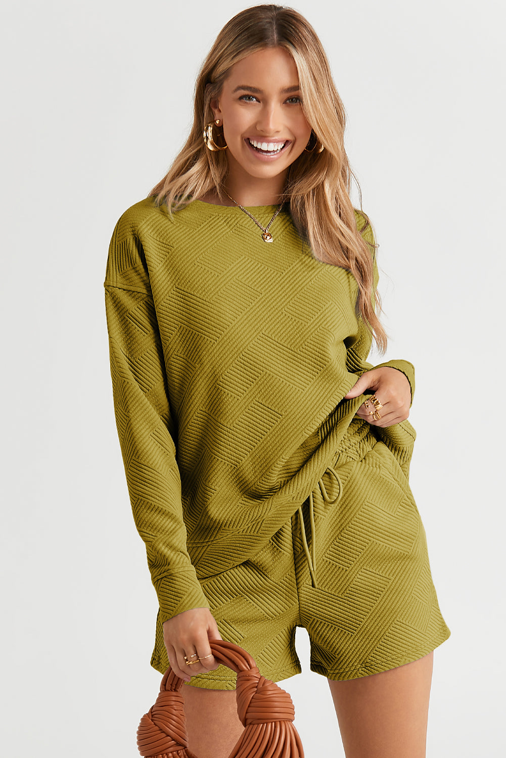 Green Textured Long Sleeve Top and Drawstring Shorts Set