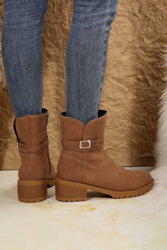 Chestnut Suede Buckled Ankle Boots