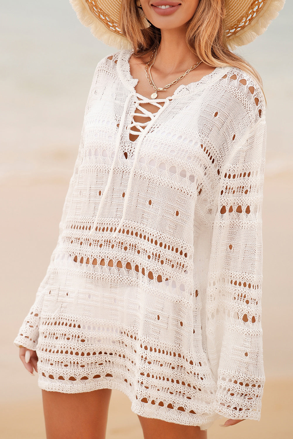 White Lace-up V Neck Hollow Out Knitted Long Sleeve Cover Up