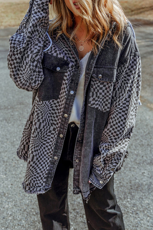 Gray Checkered Hooded Denim Jacket