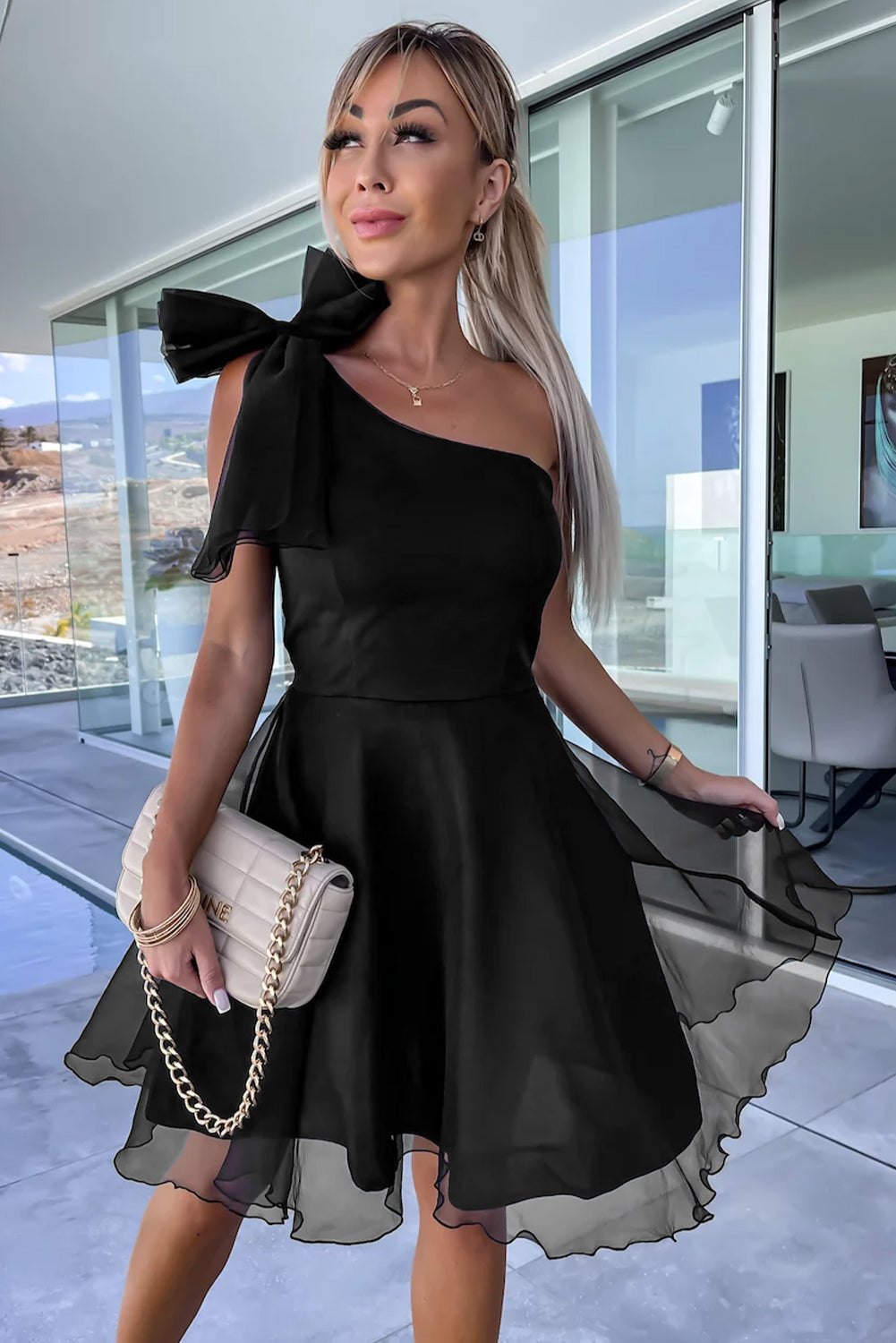 Black Bowtie One-shoulder Overlay Skater Dress