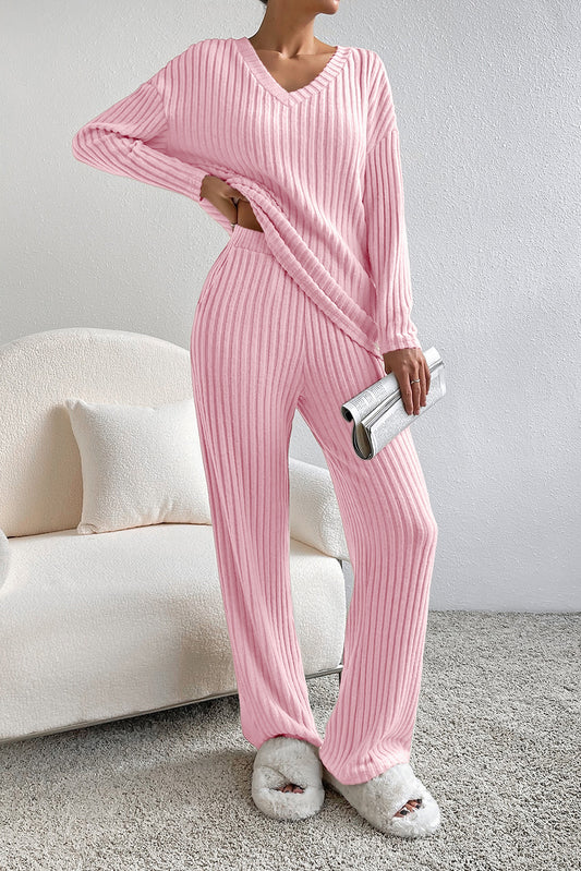 Pink V Neck Loose Fit Two-piece Pant Set