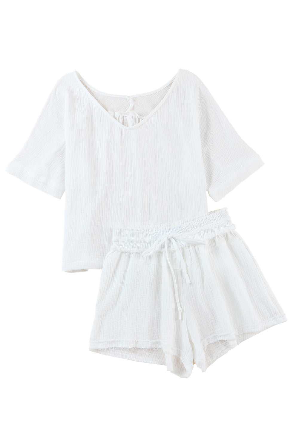 White Relaxed Off Shoulder Blouse and Drawstring Shorts Set