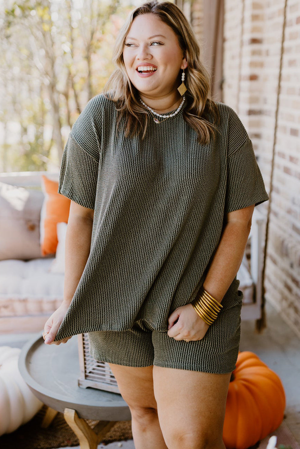 Moss Green Plus Size Rib Knit Shorts Set