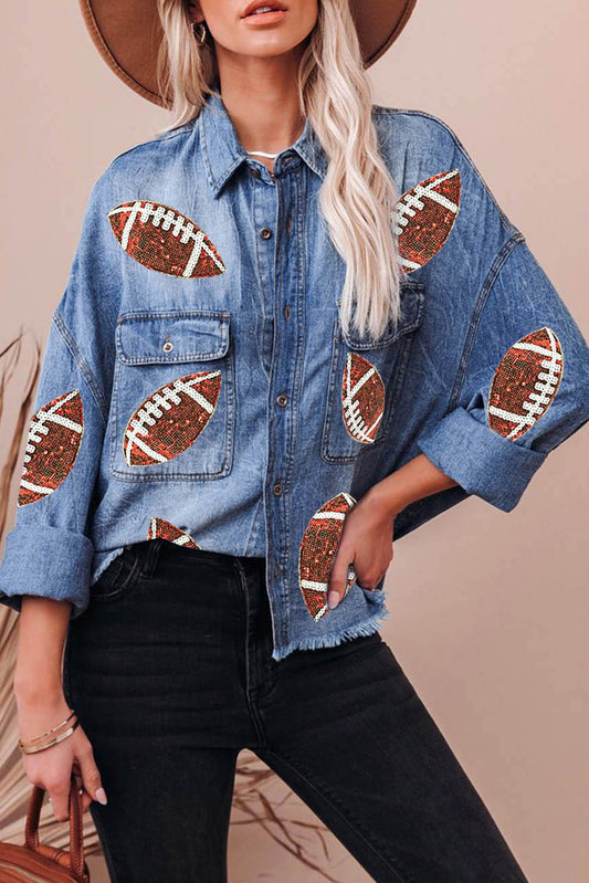 Sky Blue Sequin Football Print Denim Jacket