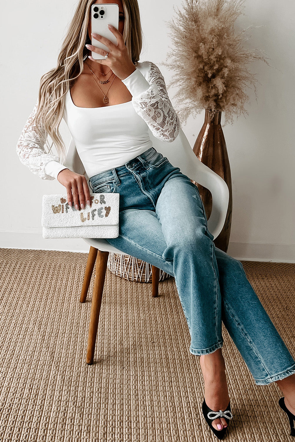 Sexy White Bodysuit With Lace Sleeves