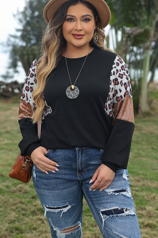 Black Leopard Sequin Patch Plus Size Top