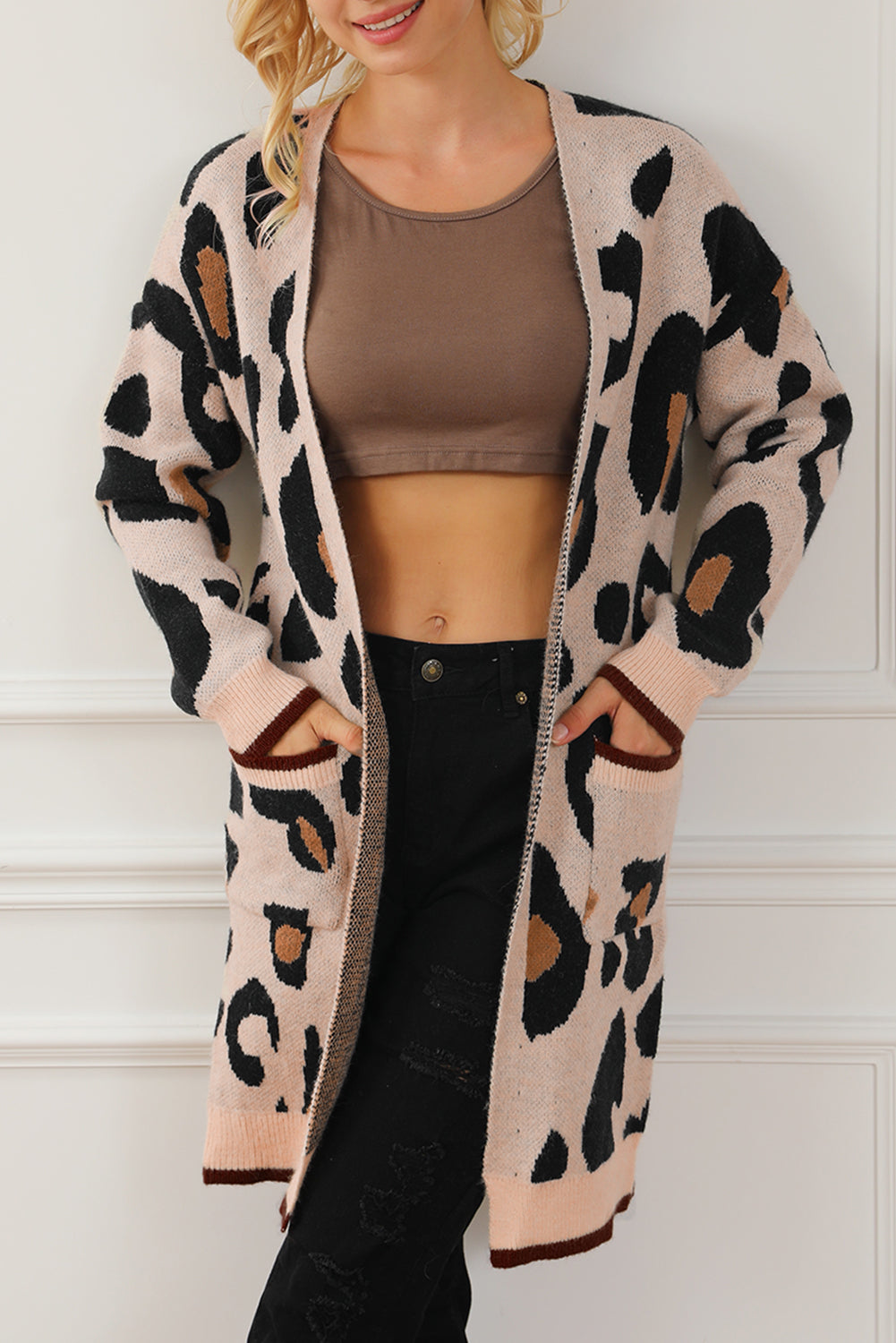 Oversized Leopard Print Open Midi Cardigan