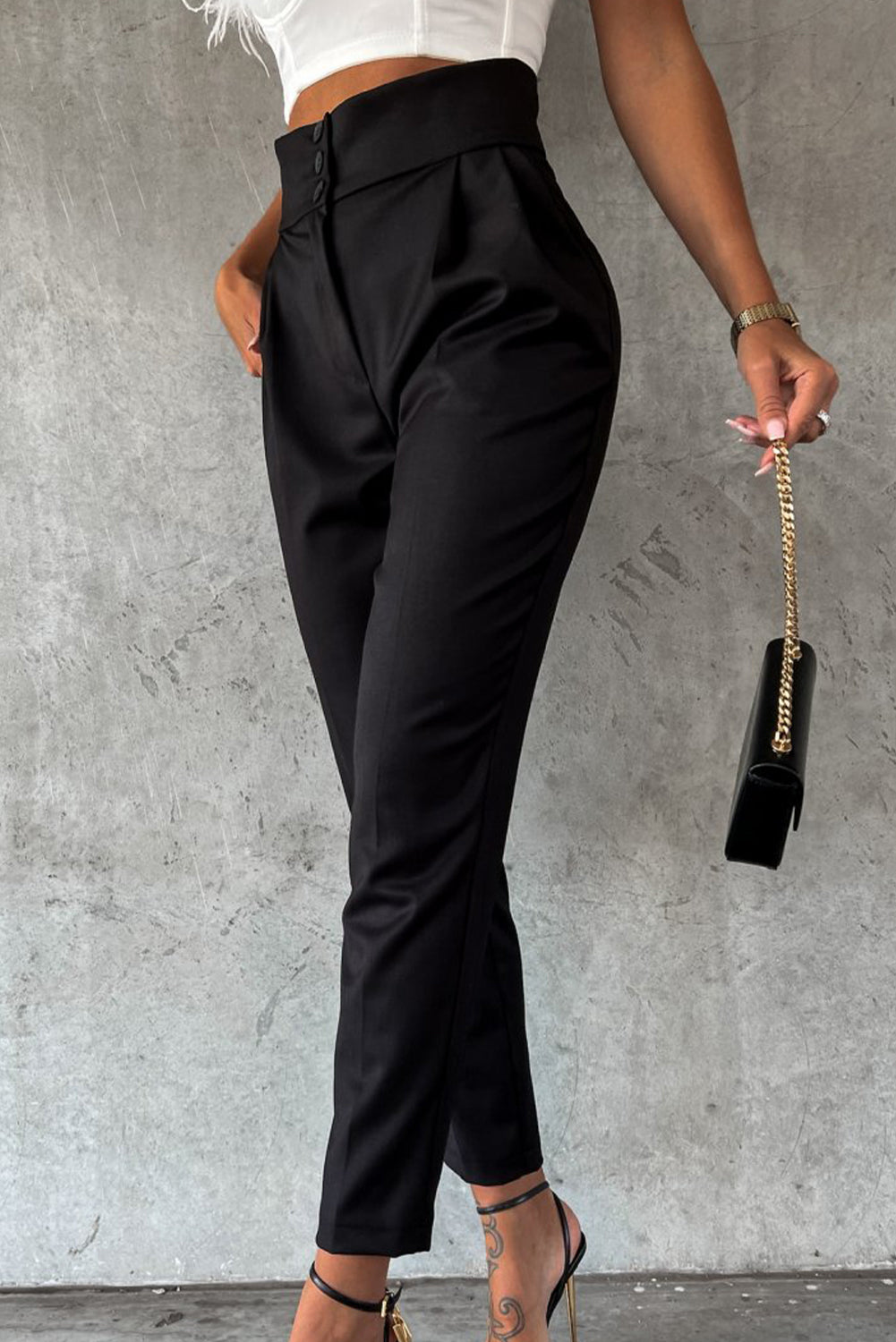 Black Button Up High Waist Tapered Pants