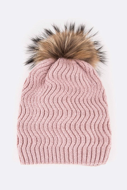 Raccoon Fur PomPom Chevron Knit Beanie