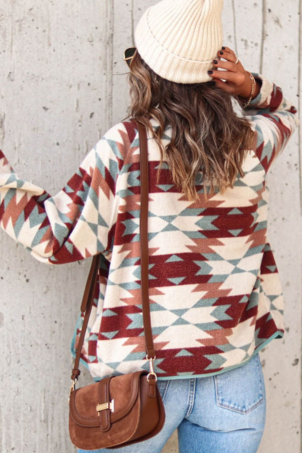 Plus Green Geometric Aztec Pattern  Fleece Jacket