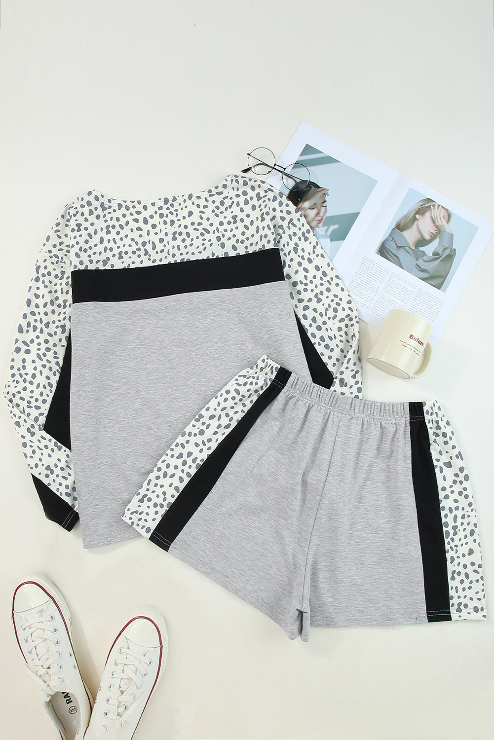 Gray Leopard Colorblock Patchwork Shorts Set