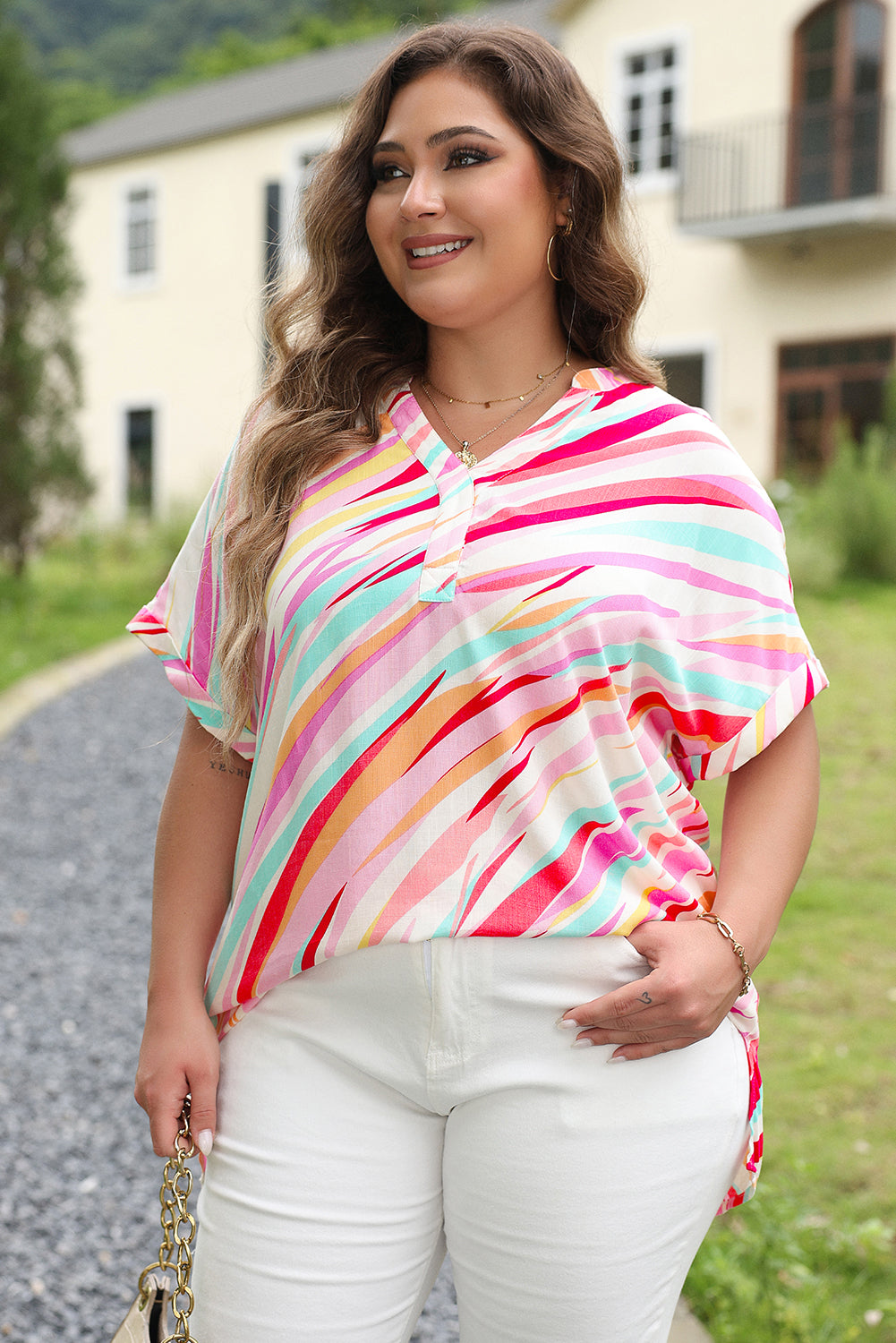 White Abstract Print Short Sleeve Plus Size Top