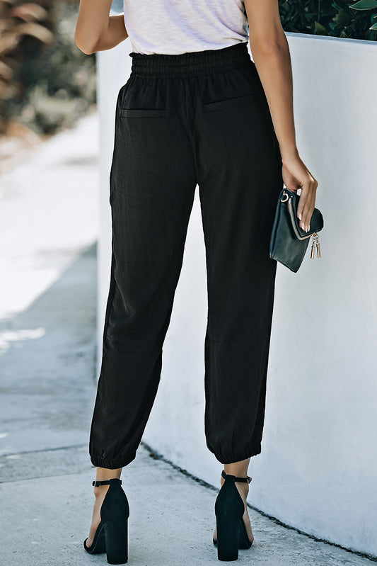 Black Solid  Smocked Waist Joggers