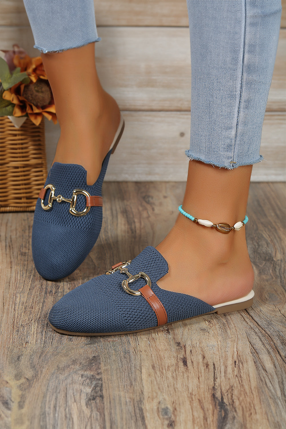 Sky Blue Leather Strap Buckle Decor Slip On Flats