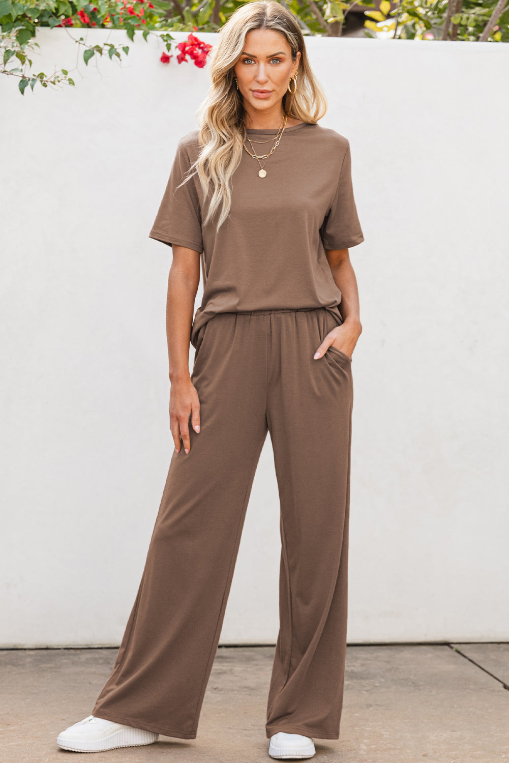 Solid Color T Shirt & Wide Leg Pants Set