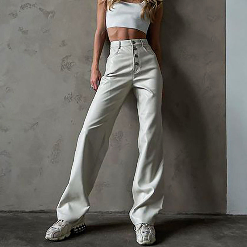 Women's PU Leather White Micro Flare Pants