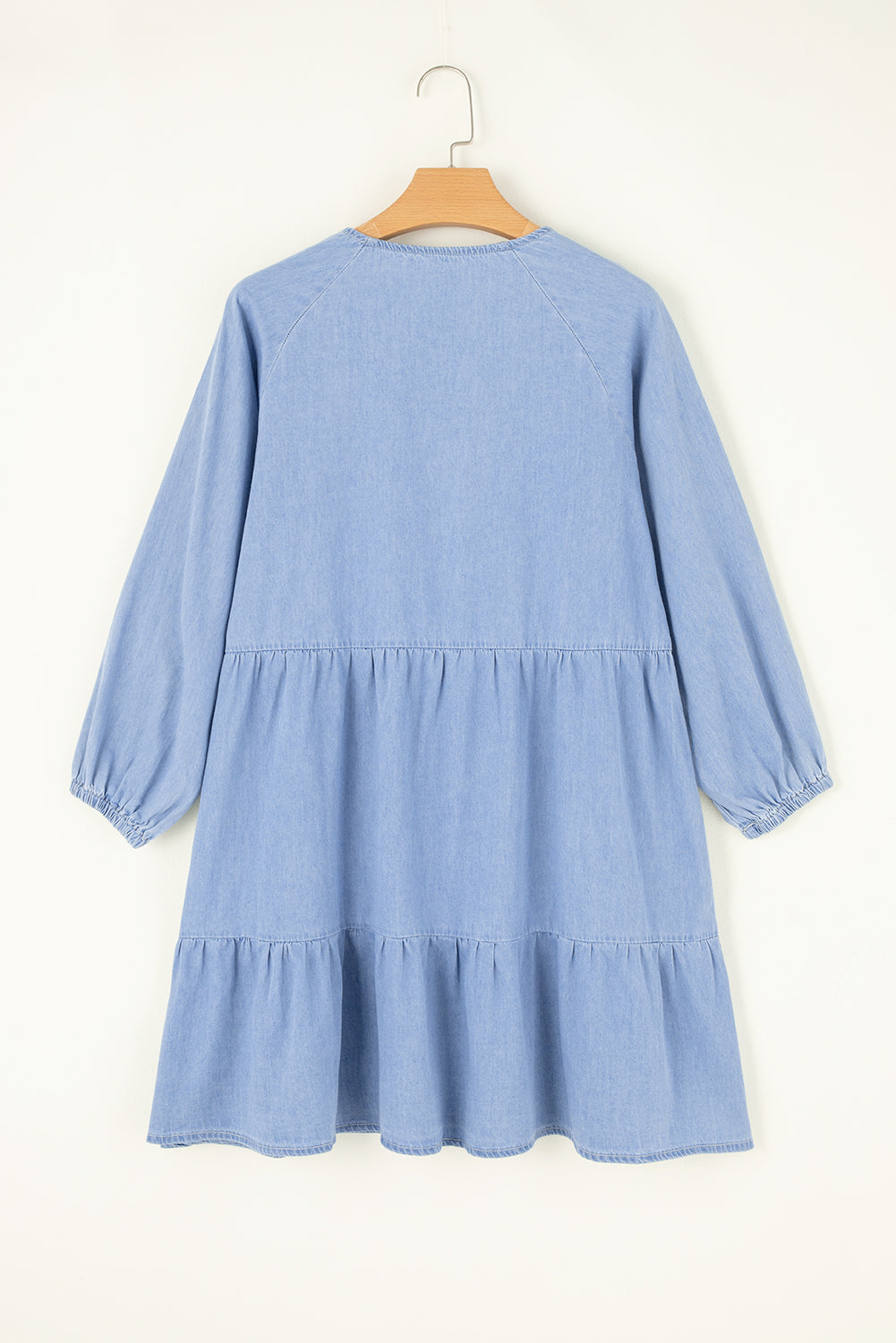 Blue Puff Sleeve Tiered Ruffled Chambray Mini Dress