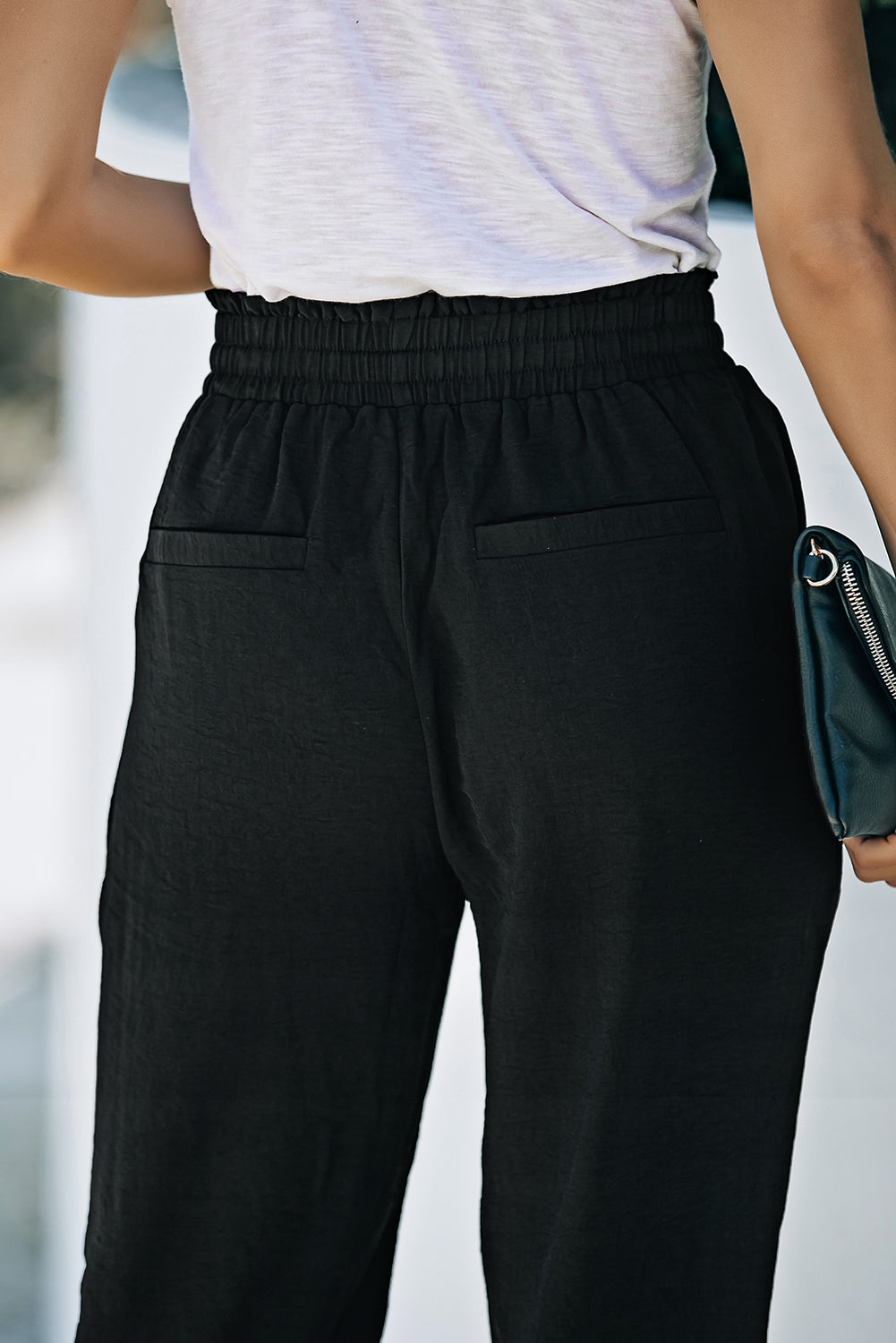 Black Solid  Smocked Waist Joggers