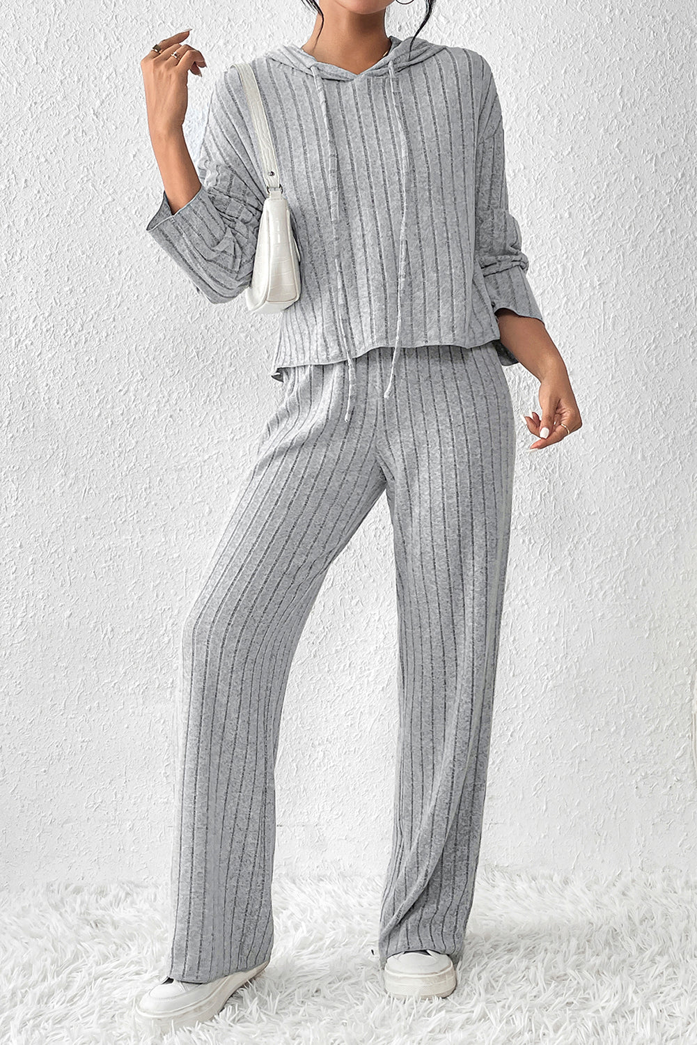 Ribbed Knit Slouchy Hoodie Wide Leg Pants Set