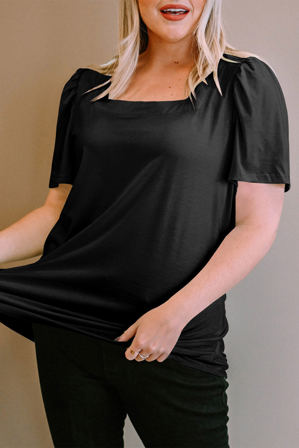 Plus Size  Ruched Shoulder Short Sleeve Top