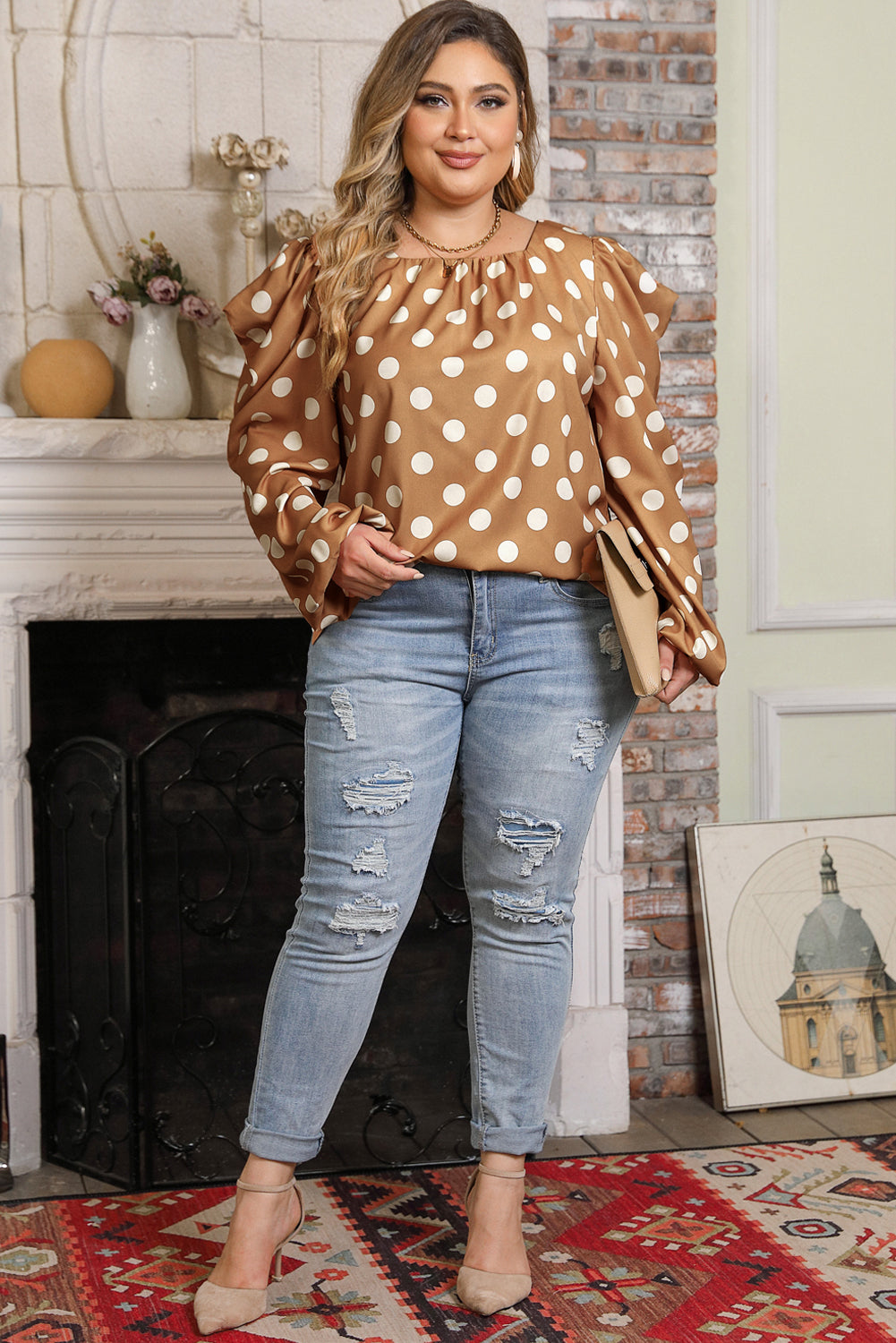 Khaki Plus Size Polka Dot Ruched Neckline Blouse