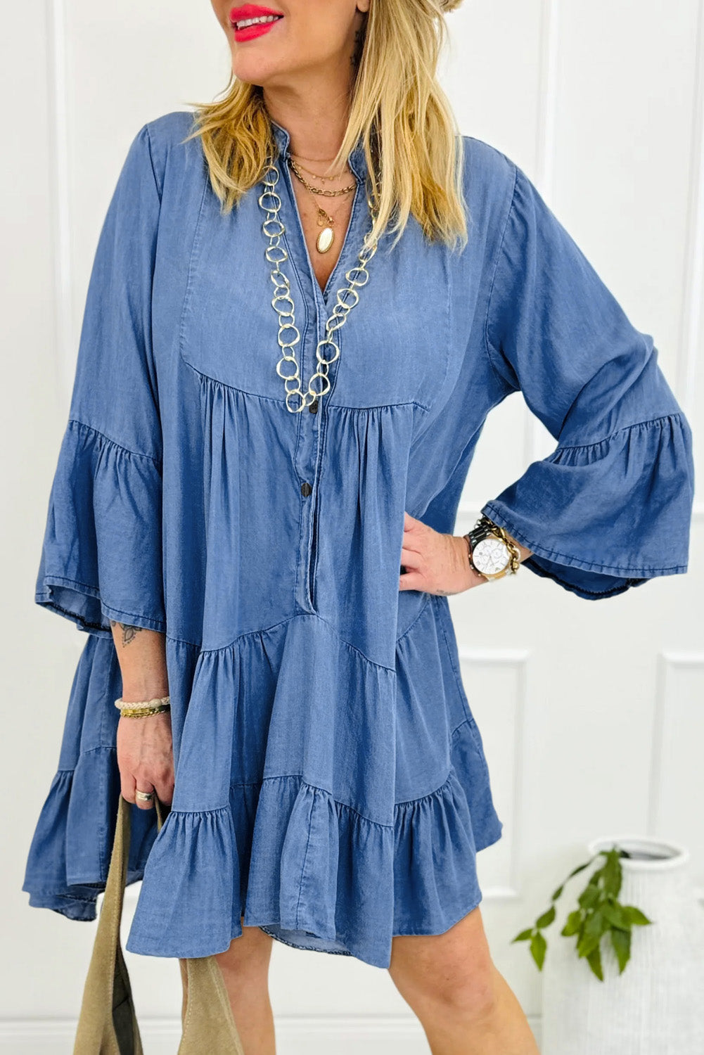 Black Chambray Ruffled 3/4 Sleeve Mini Dress